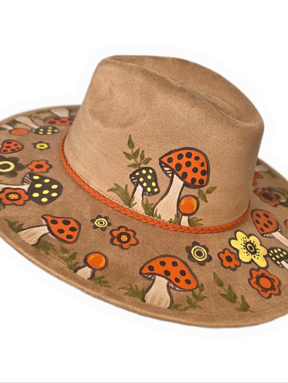 Retro Mushroom Sun Hat Tan Vegan Suede Adjustable Fit